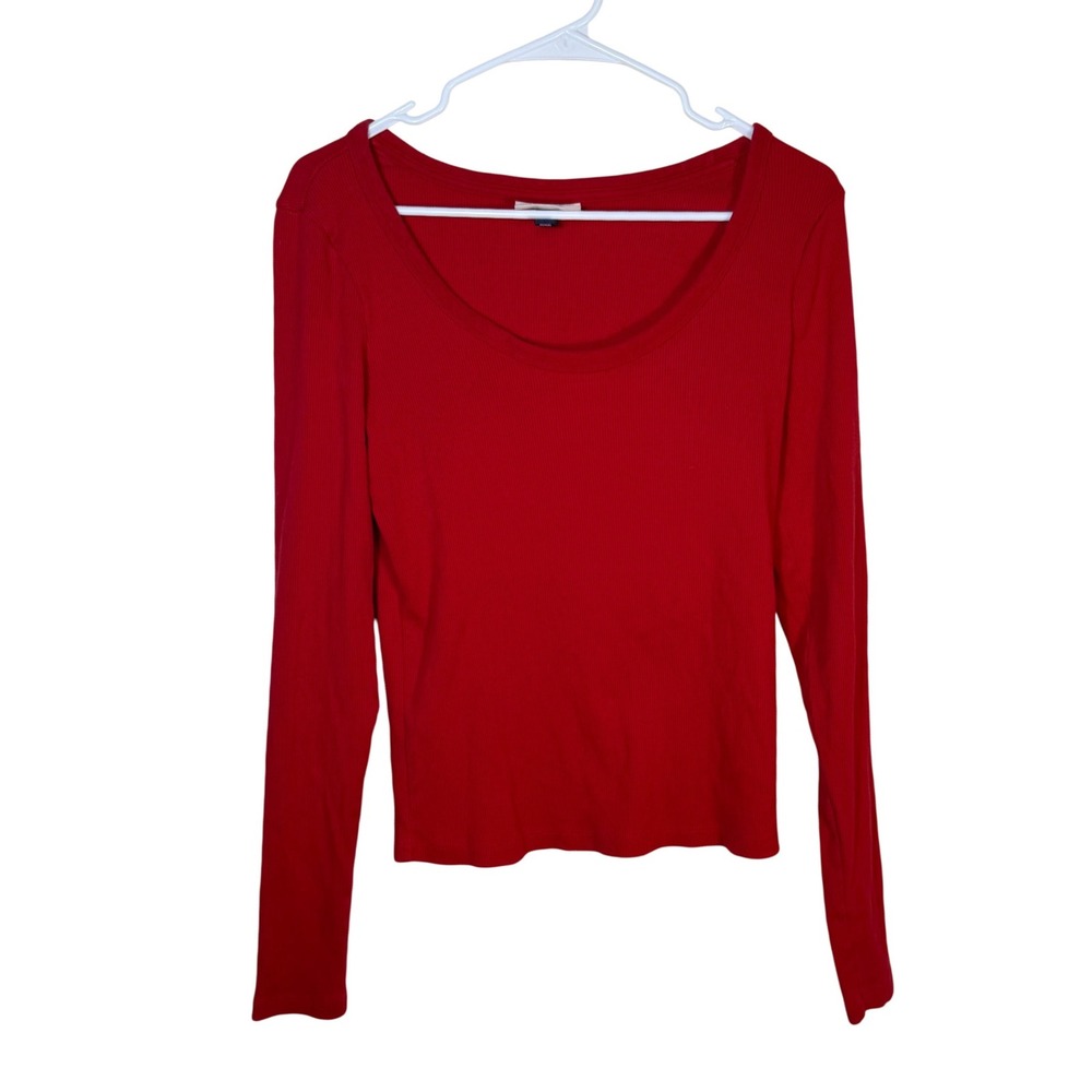 Universal Thread Long Sleeve Top Womens Medium Red Ribbed Scoop Neck Basic Core